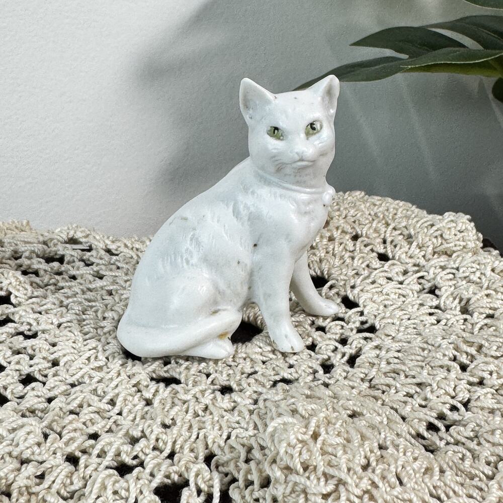 Vintage German White Porcelain Cat Figurine Green Eyes Sitting Collectible